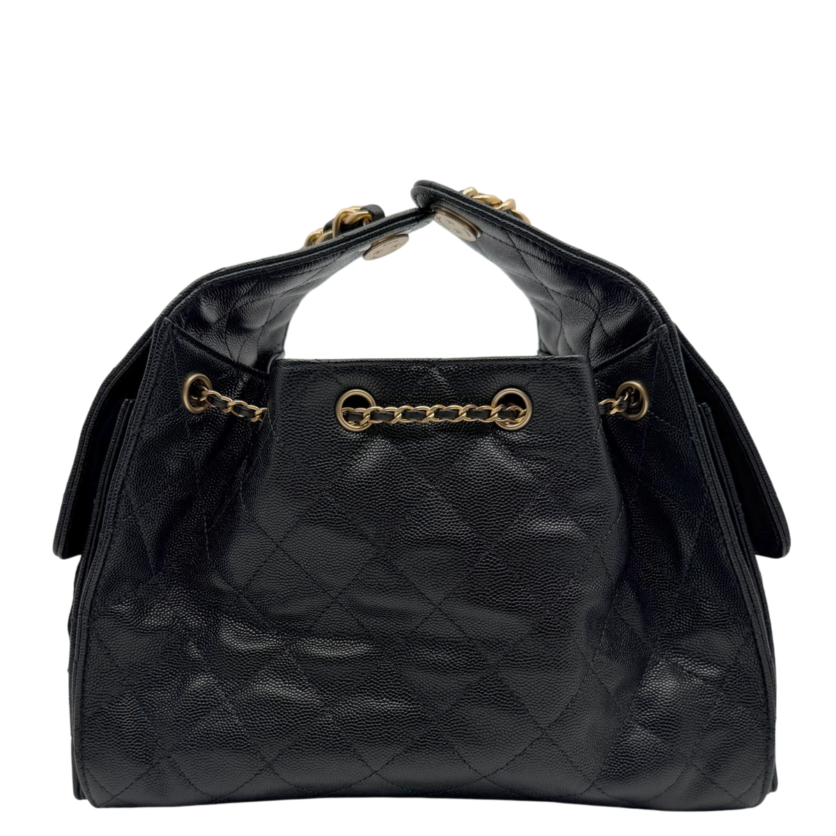 Chanel 25 Kleine Tasche Kaviarleder Schwarz Hardware Gold gealtert – Ansicht 4