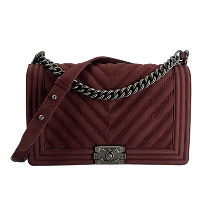 Chanel Boy Medium Nubuk Leder bordeauxrot Chevron Muster / sehr gut Chanel