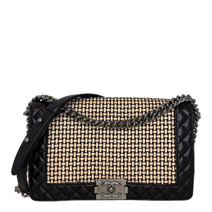 Chanel Boy Tas groot lamsleer / rotan zwart / beige