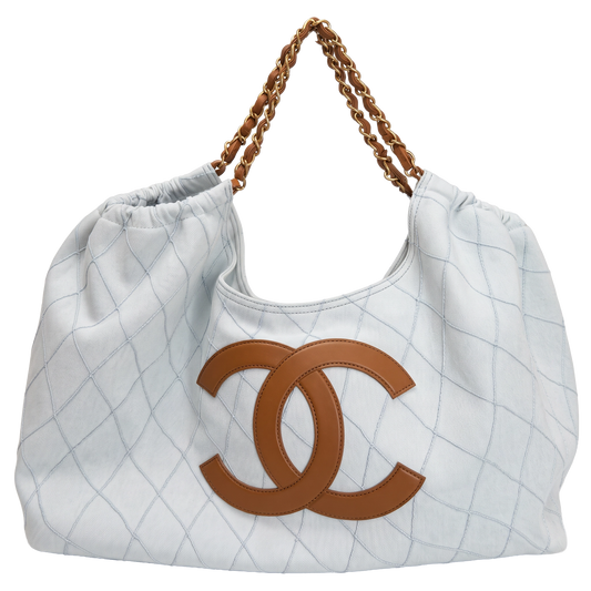 Chanel Small Shopping Bag Denim Hellblau Braun Gold Coco Beach Chanel