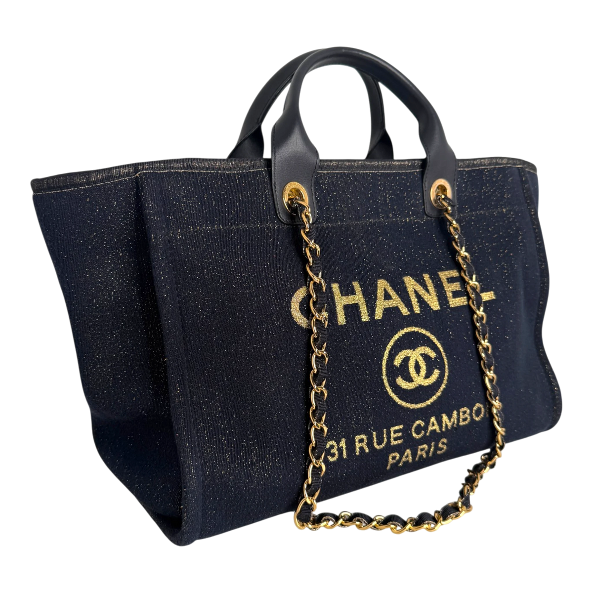 Chanel Deauville Large Shopping Bag Navy Gold Lurex Gold Hardware 2019 Chanel