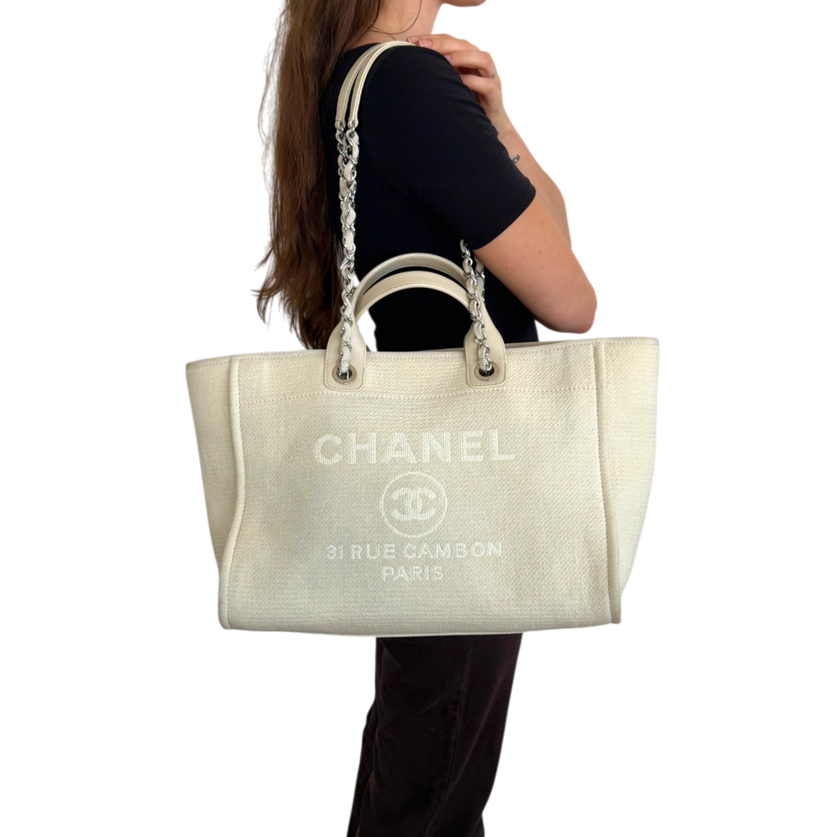 Chanel Deauville mittelgroße Tasche beige silberne Hardware 2022 / gut Chanel