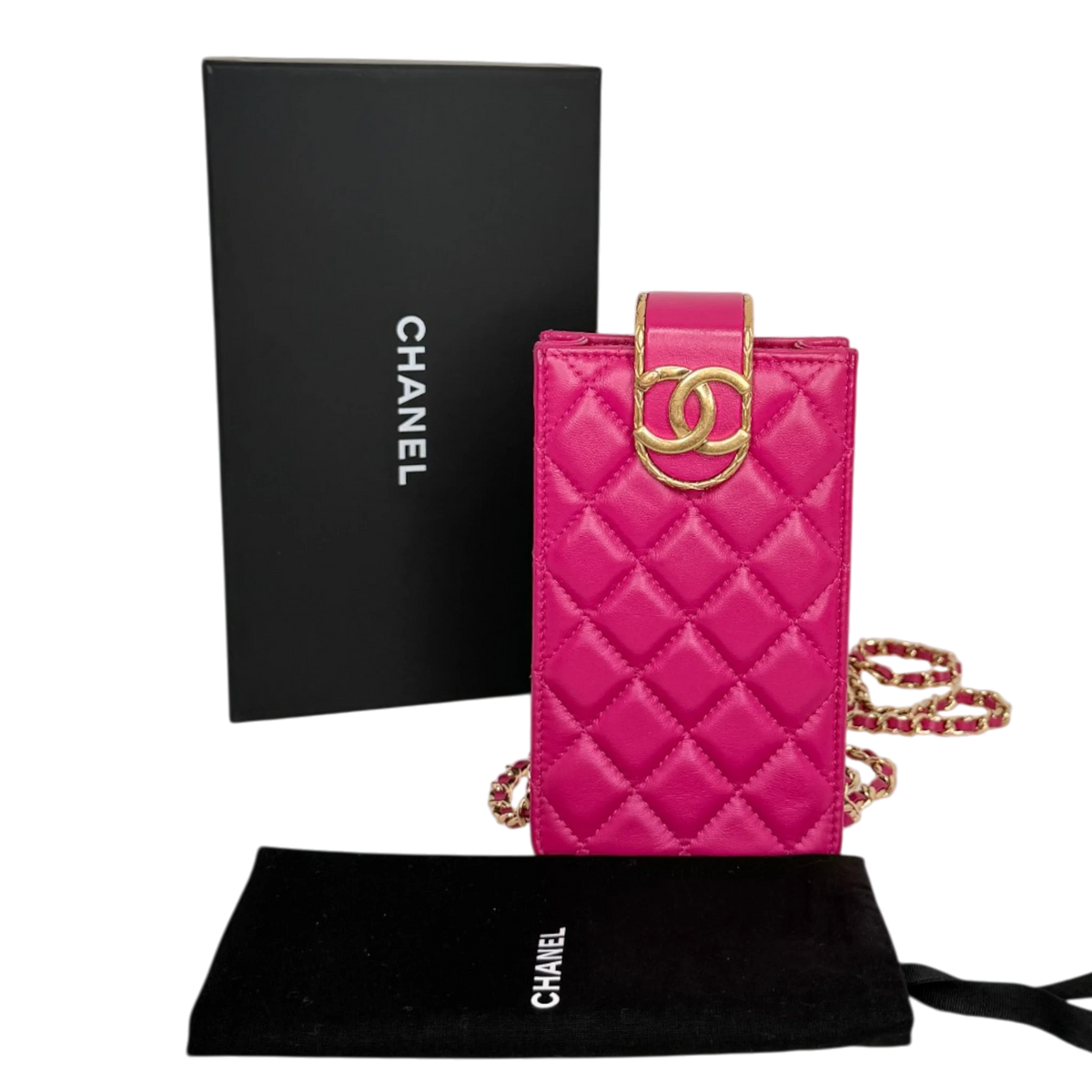 Chanel Phone Holder Kette Lammleder Pink Gold Chanel