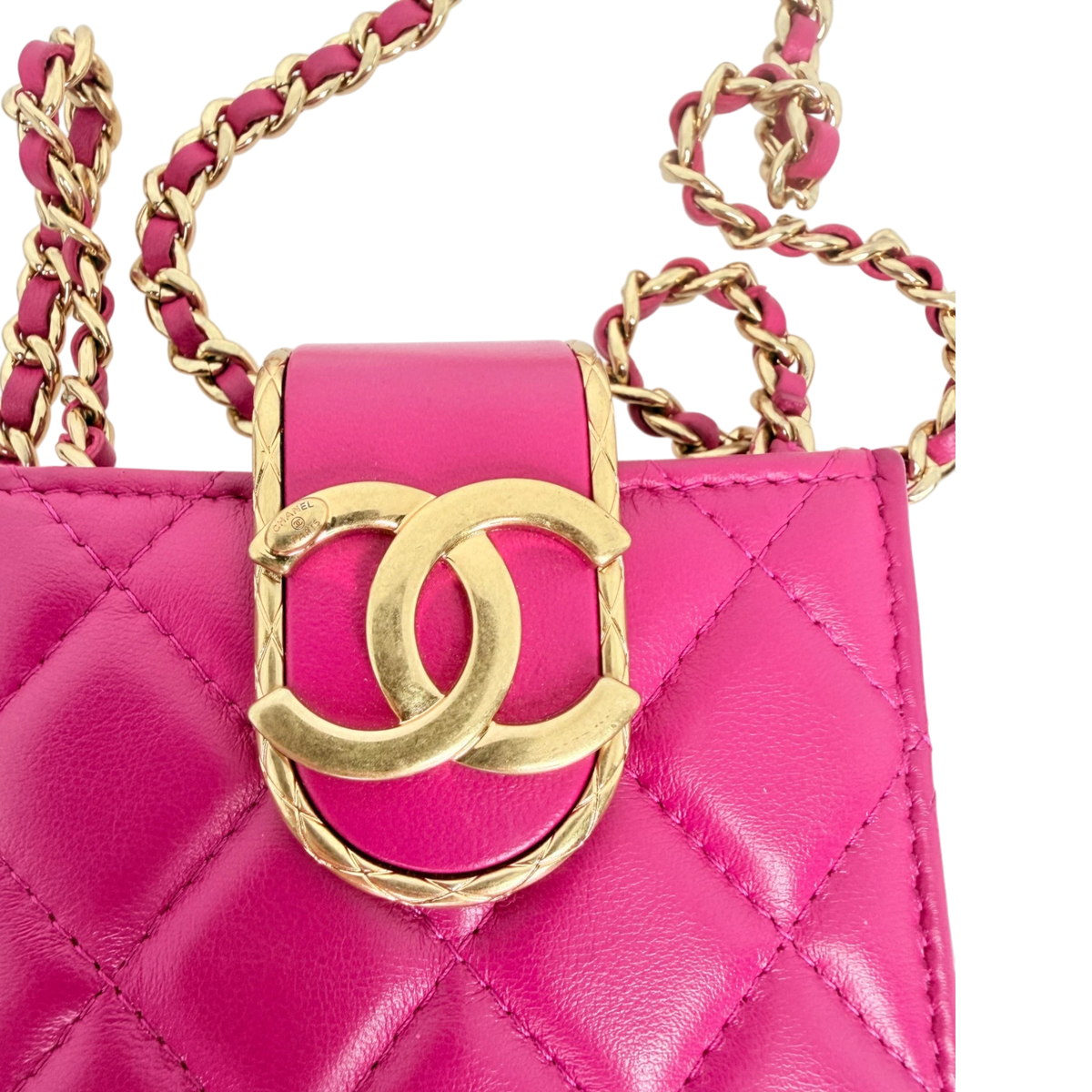 Chanel Phone Holder Kette Lammleder Pink Gold Chanel