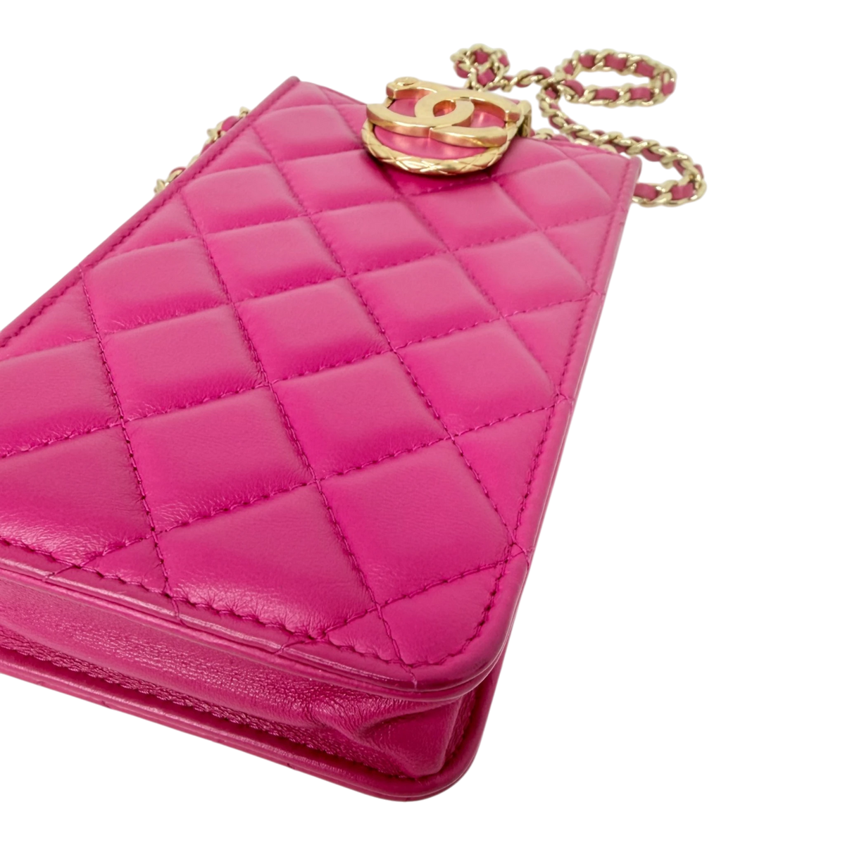 Chanel Phone Holder Kette Lammleder Pink Gold Chanel