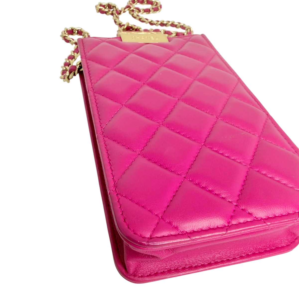 Chanel Phone Holder Kette Lammleder Pink Gold Chanel