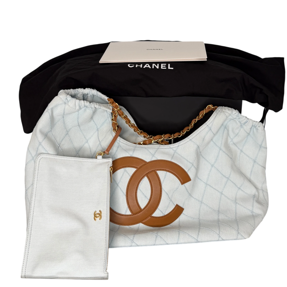 Chanel Small Shopping Bag Denim Hellblau Braun Gold Coco Beach Chanel