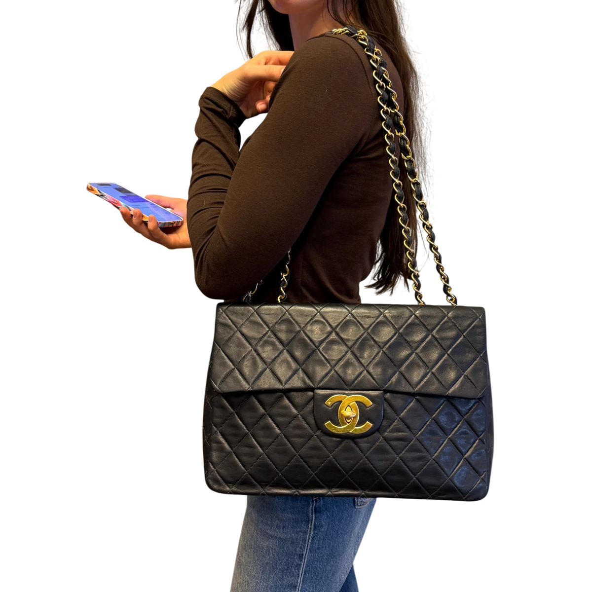 Chanel Vintage Jumbo XL Single Flap Bag Lambskin Black Gold
