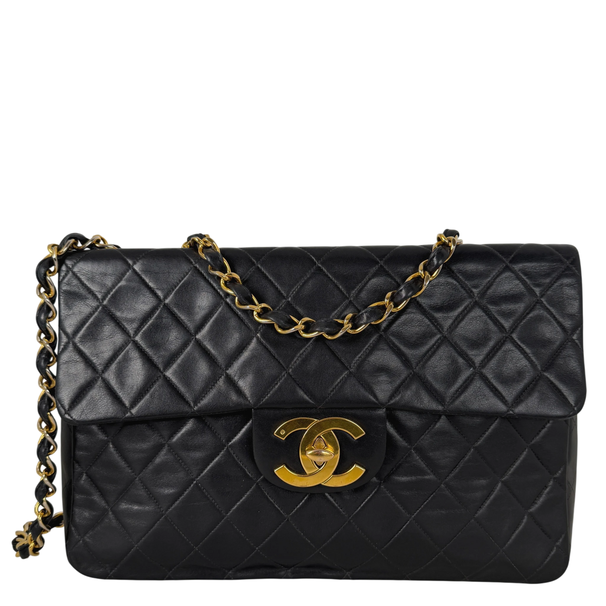 Chanel Vintage Jumbo XL Single Flap Bag Lambskin Black Gold