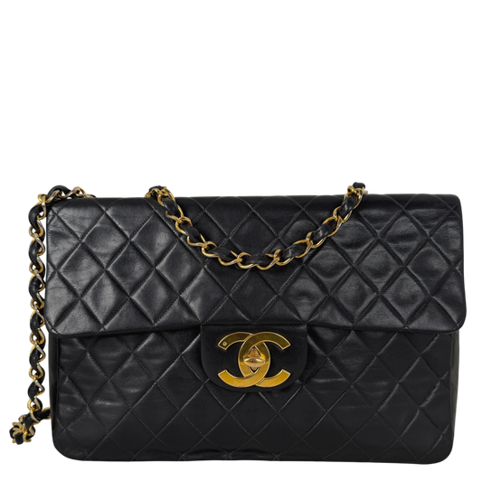 Chanel Vintage Jumbo XL Single Flap Bag Lamsleer Zwart Goud