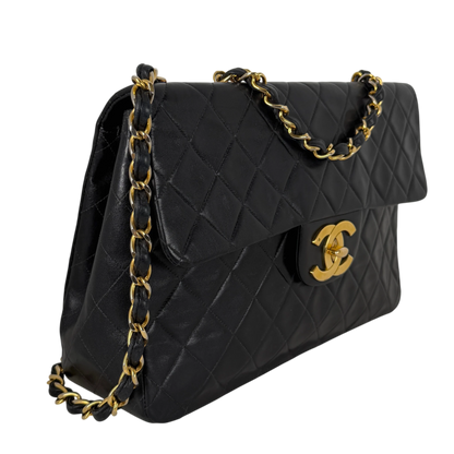 Chanel Vintage Jumbo XL Single Flap Bag Lambskin Black Gold
