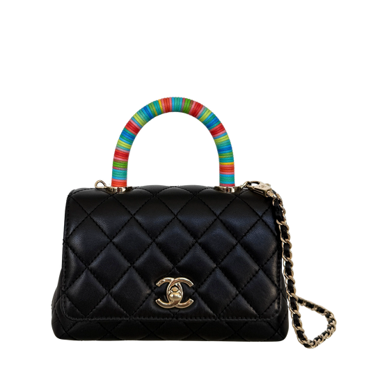 Chanel Mini Flap Bag mit Rainbow Top Handle Lammleder Schwarz / sehr gut Chanel