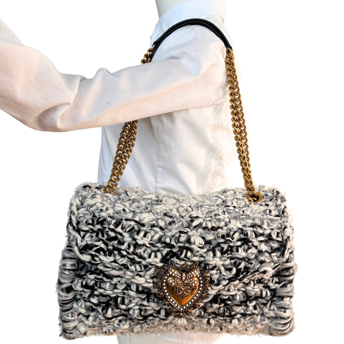 Dolce & Gabbana Große Schultertasche Devotion aus Strickgewebe Grau Fullset / neuwertig Dolce & Gabbana