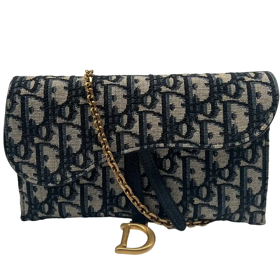 Dior Saddle Portmonnaie Langformat mit Kette Jacquard Blau / sehr gut Dior