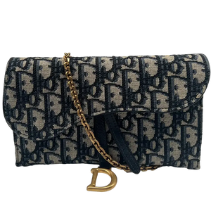 Dior Saddle Portemonnee Lang met Ketting Blauwe Jacquard