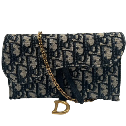 Dior Saddle Portmonnaie Langformat mit Kette Jacquard Blau / sehr gut Dior