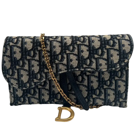 Dior Saddle Portmonnaie Langformat mit Kette Jacquard Blau / sehr gut Dior