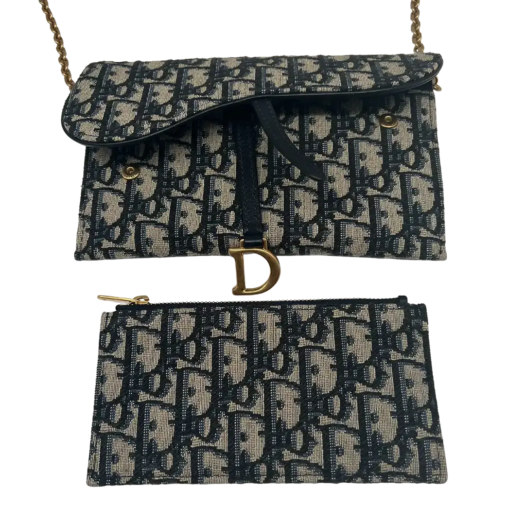 Dior Saddle Portmonnaie Langformat mit Kette Jacquard Blau / sehr gut Dior
