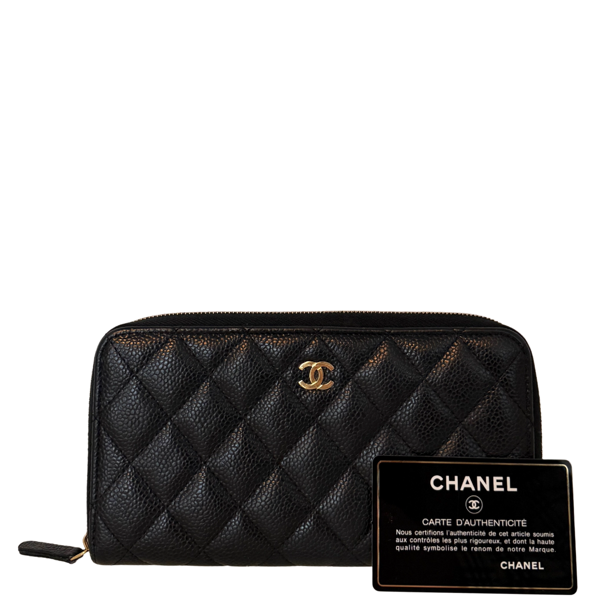 Chanel Gusset Zip Around portemonnee van kaviaarleer zwart