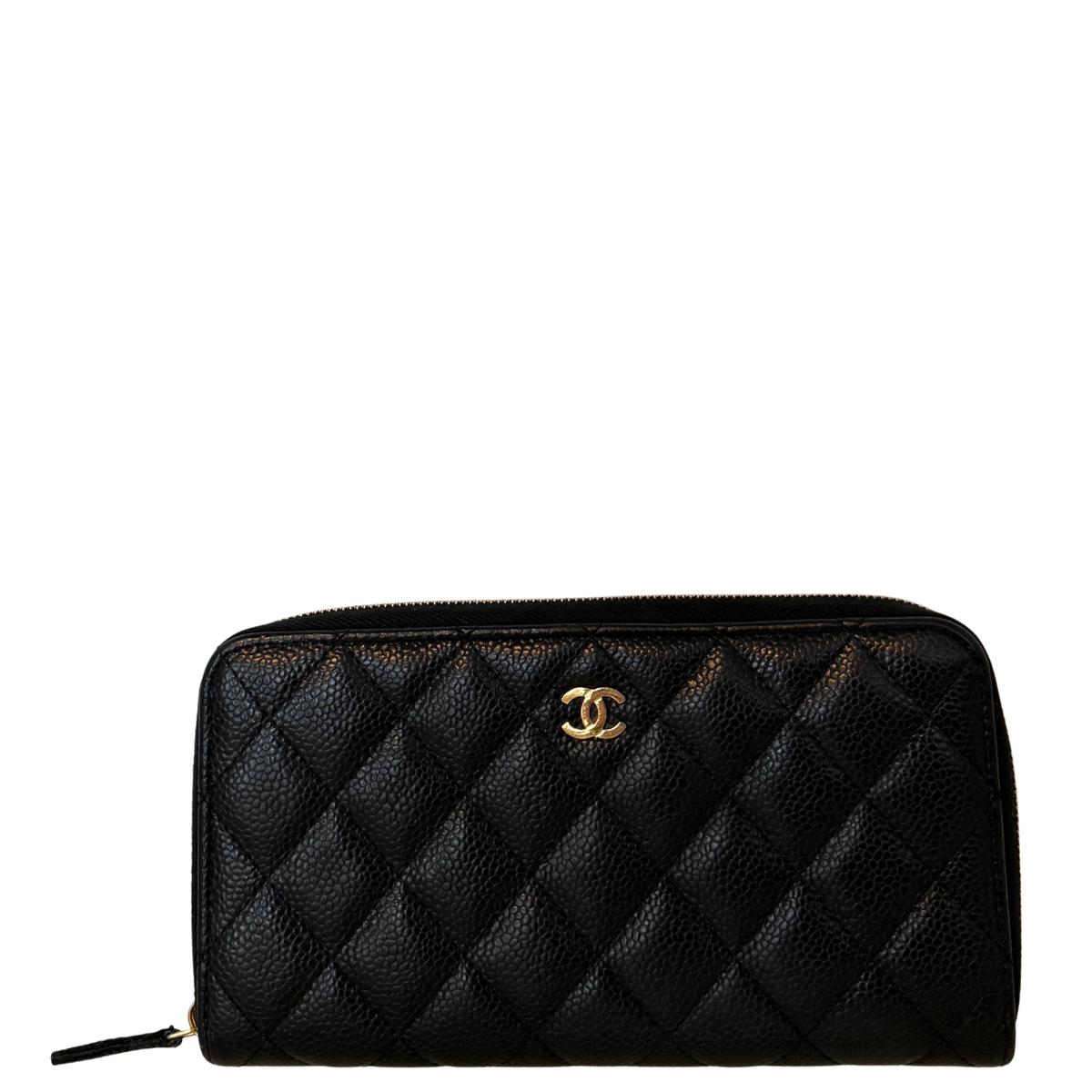 Chanel Gusset Zip Around portemonnee van kaviaarleer zwart