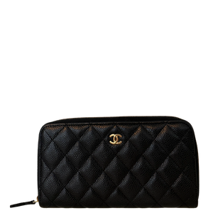 Chanel Gusset Zip Around portemonnee van kaviaarleer zwart