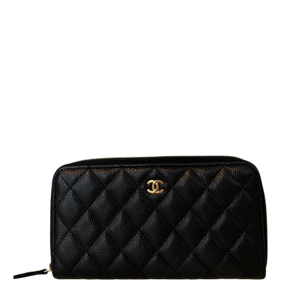 Chanel Gusset Zip Around portemonnee van kaviaarleer zwart