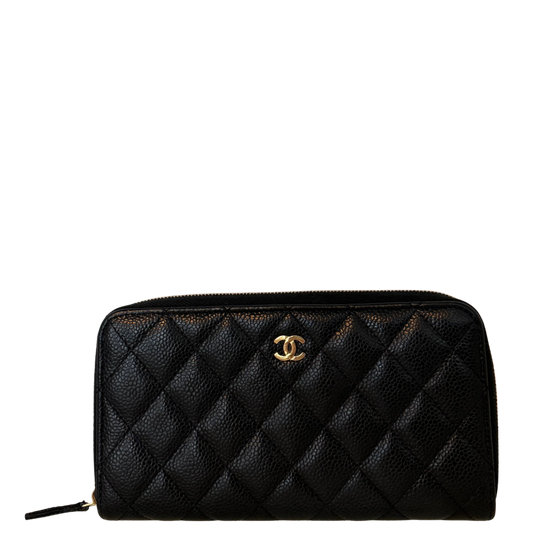 Chanel Gusset Zip Around portemonnee van kaviaarleer zwart