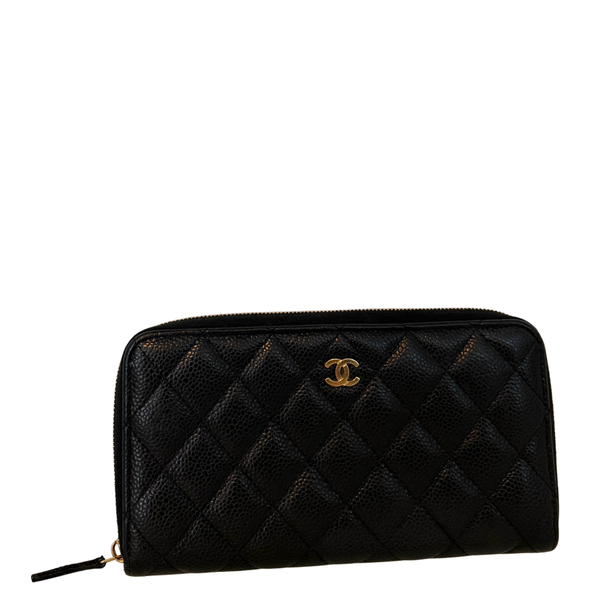 Chanel Gusset Zip Around portemonnee van kaviaarleer zwart