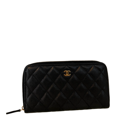 Chanel Gusset Zip Around portemonnee van kaviaarleer zwart