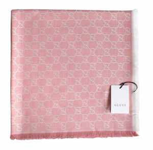 Gucci sjaal roze en crème met GG-motief en etiket