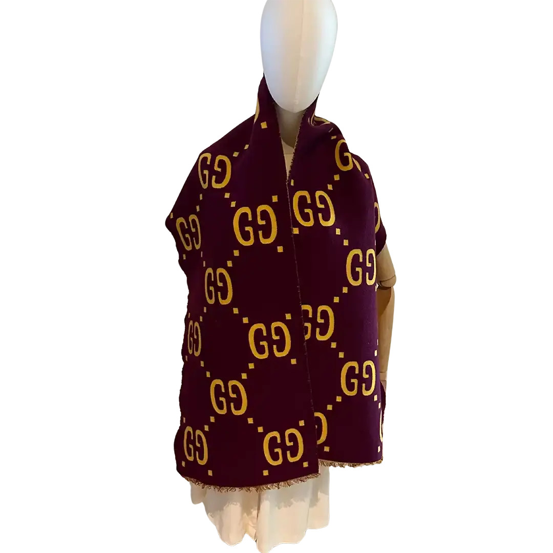 Gucci Schal aus GG Jacquard aus Wolle und Seide gelb / lila / neuwertig Gucci