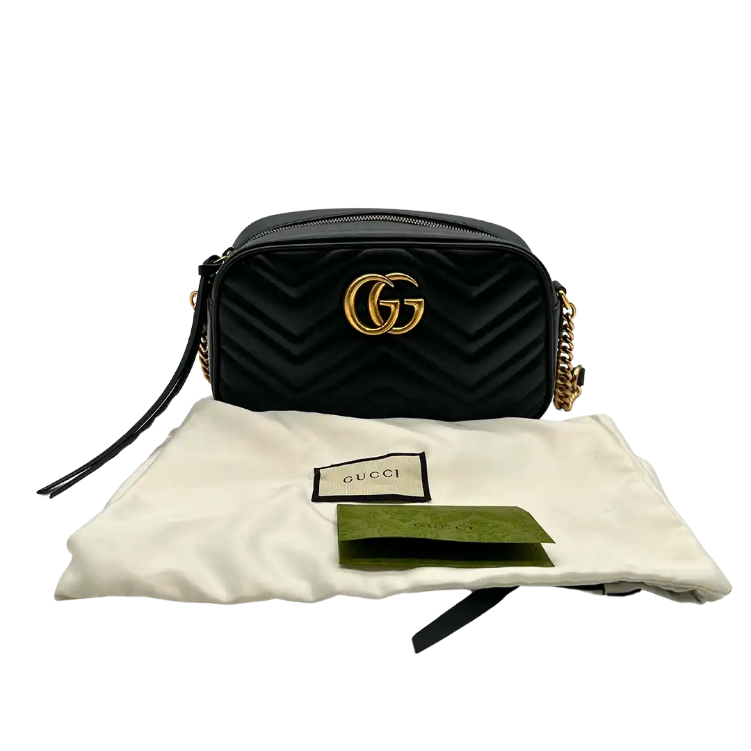Gucci GG Marmont Kamera-Schultertasche schwarz / neuwertig Echtheitscheck
