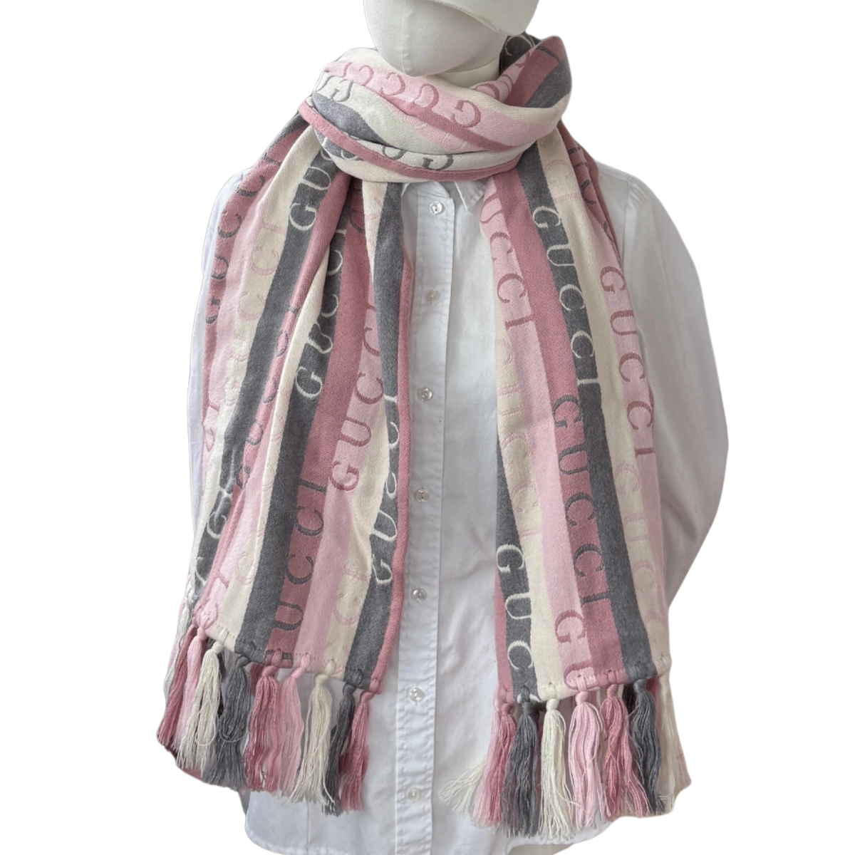 Gucci Gestreifter Schal aus Wolle Grau Rosa / neuwertig Gucci