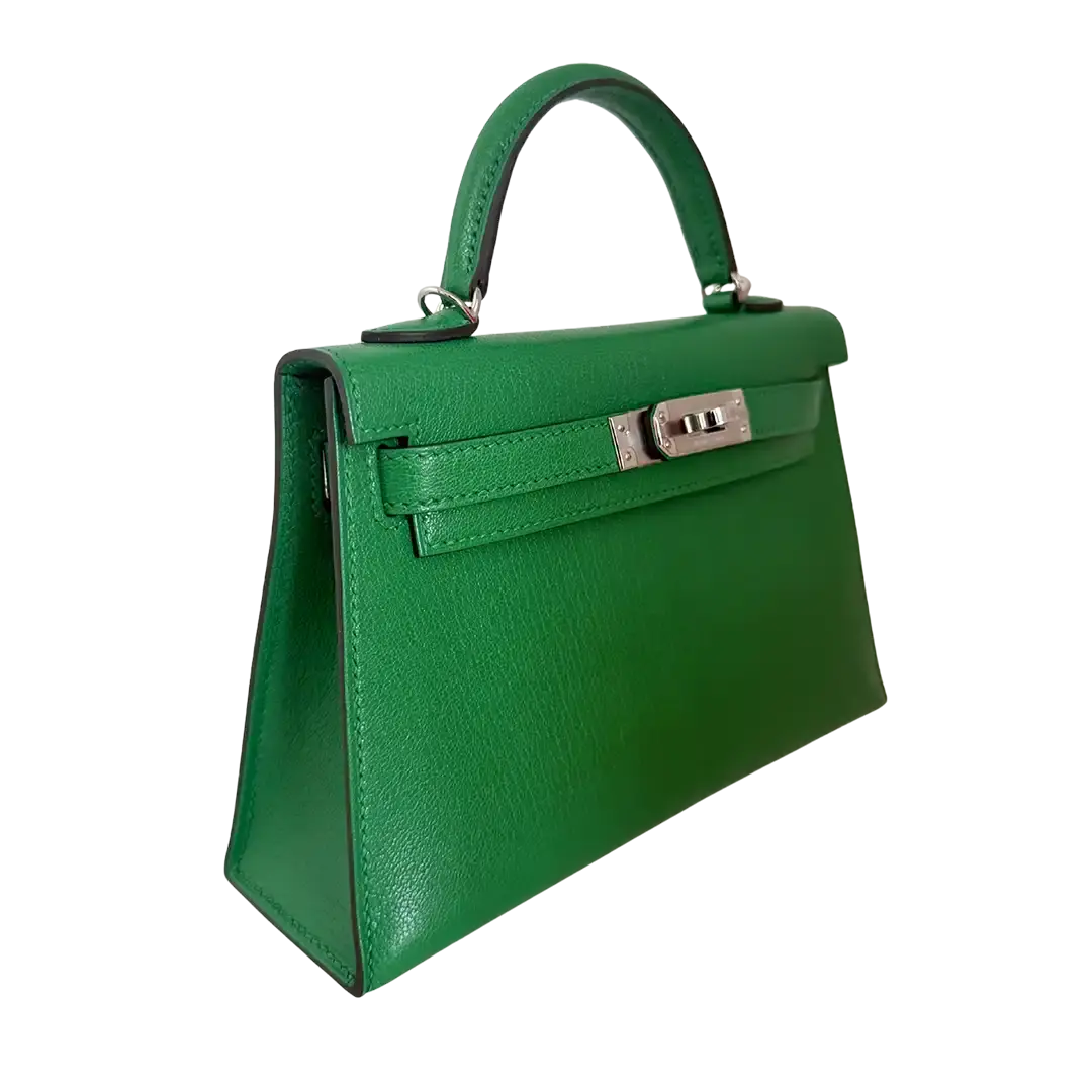 Hermès Mini Kelly II 20 Sellier Chevre Chamkila 1k Bambou (grün) Paladium Fullset / ungetragen Hermès