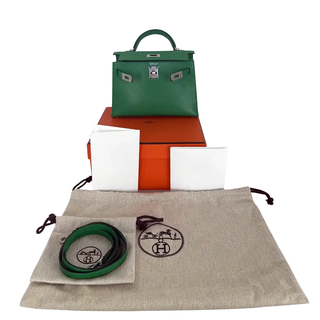 Hermès Mini Kelly II 20 Sellier Chevre Chamkila 1k Bambou (grün) Paladium Fullset / ungetragen Hermès