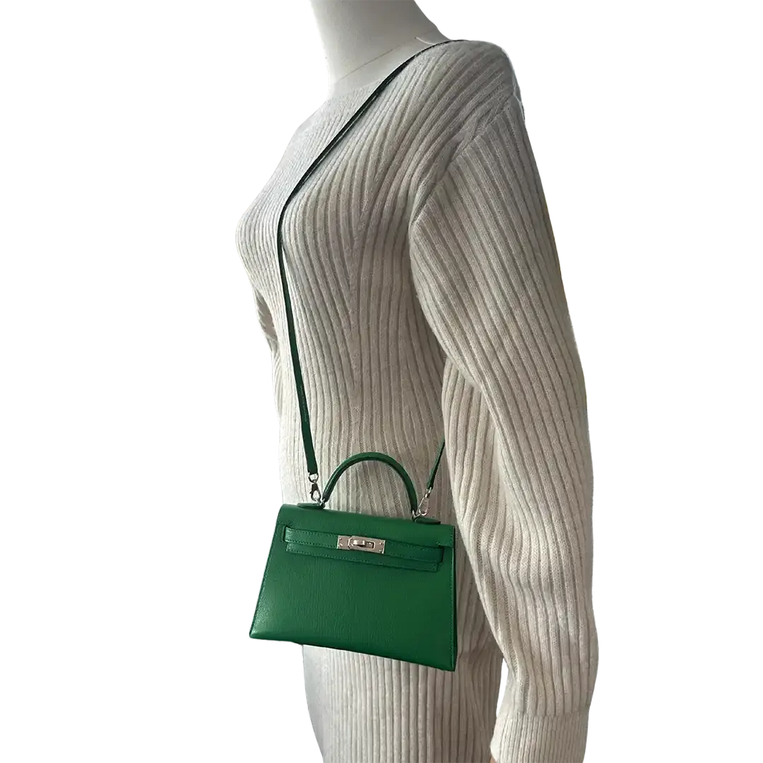 Hermès Mini Kelly II 20 Sellier Chevre Chamkila 1k Bambou (grün) Paladium Fullset / ungetragen Hermès