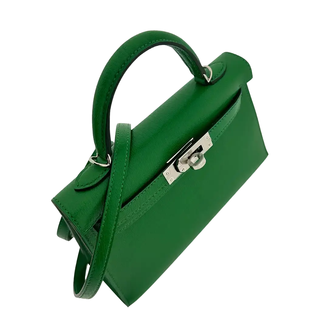 Hermès Mini Kelly II 20 Sellier Chevre Chamkila 1k Bambou (grün) Paladium Fullset / ungetragen Hermès
