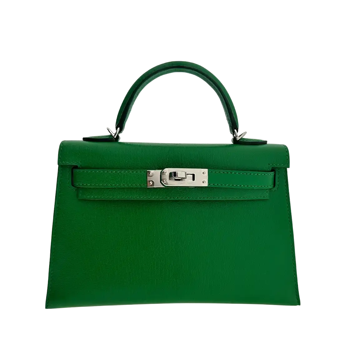 Hermès Mini Kelly II 20 Sellier Chevre Chamkila 1k Bambou (grün) Paladium Fullset / ungetragen Hermès