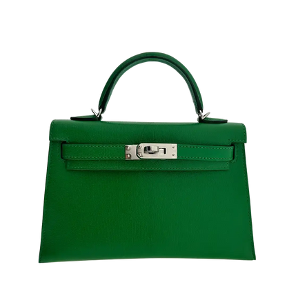 Hermès Mini Kelly II 20 Sellier Chevre Chamkila 1k Bambou (grün) Paladium Fullset / ungetragen Hermès