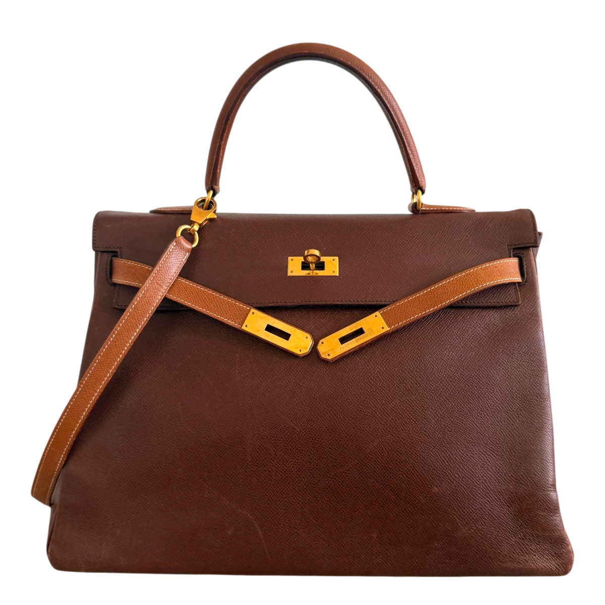 Hermès Kelly 35 Retourne Courchevel Havane/Gold Bicolor GHW 1993 Echtheitscheck