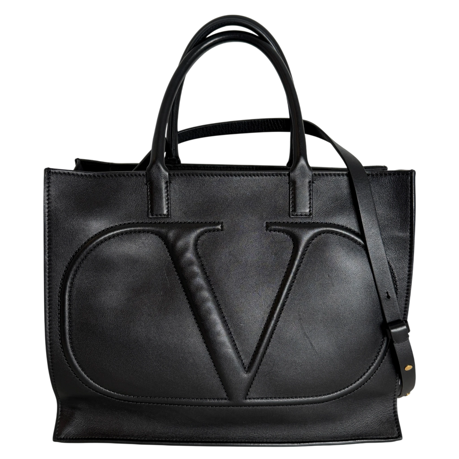 Valentino Garavani VLogo Walk Shopping Bag Kalbsleder Schwarz Gold