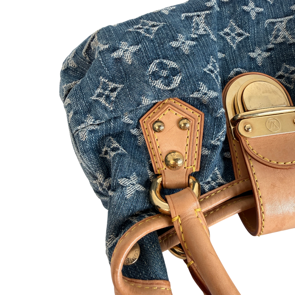 Louis Vuitton Pleaty Monogram Denim Blau Vachetta Gold Vintage – Ansicht 11
