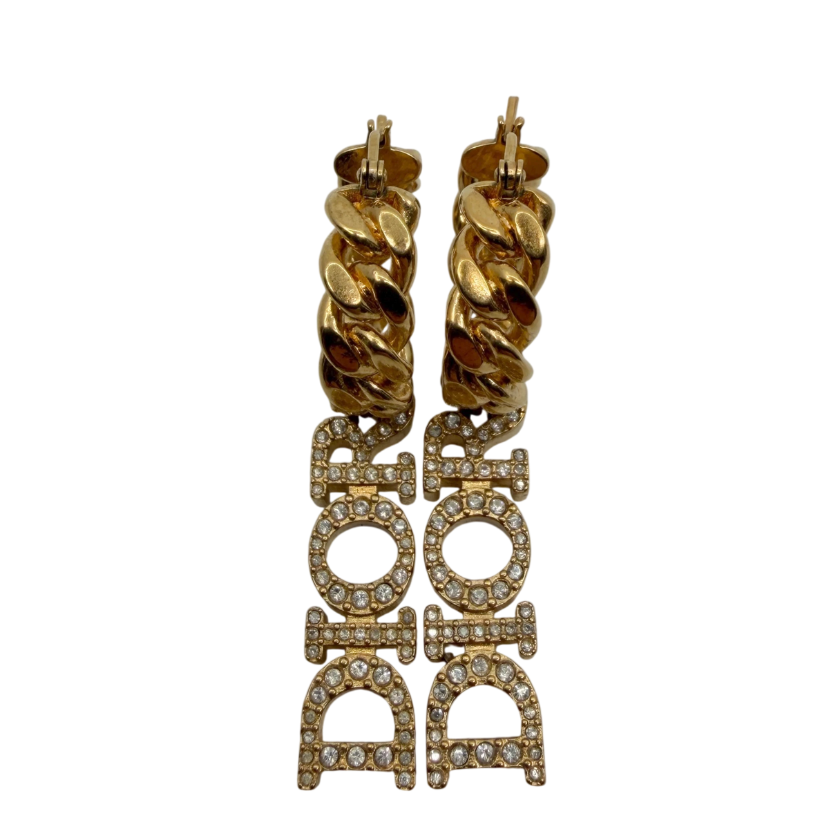 Dior Hoop Earrings Curb Chain with DIOR Pendant Crystals Gold Finish