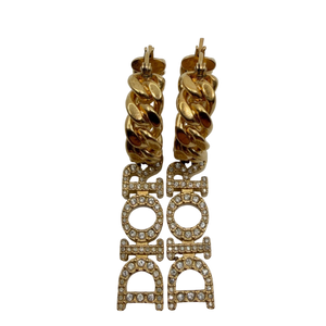 Dior Hoop Earrings Curb Chain with DIOR Pendant Crystals Gold Finish