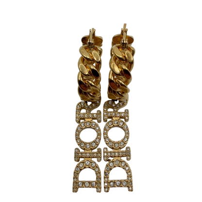 Dior Hoop Earrings Curb Chain with DIOR Pendant Crystals Gold Finish