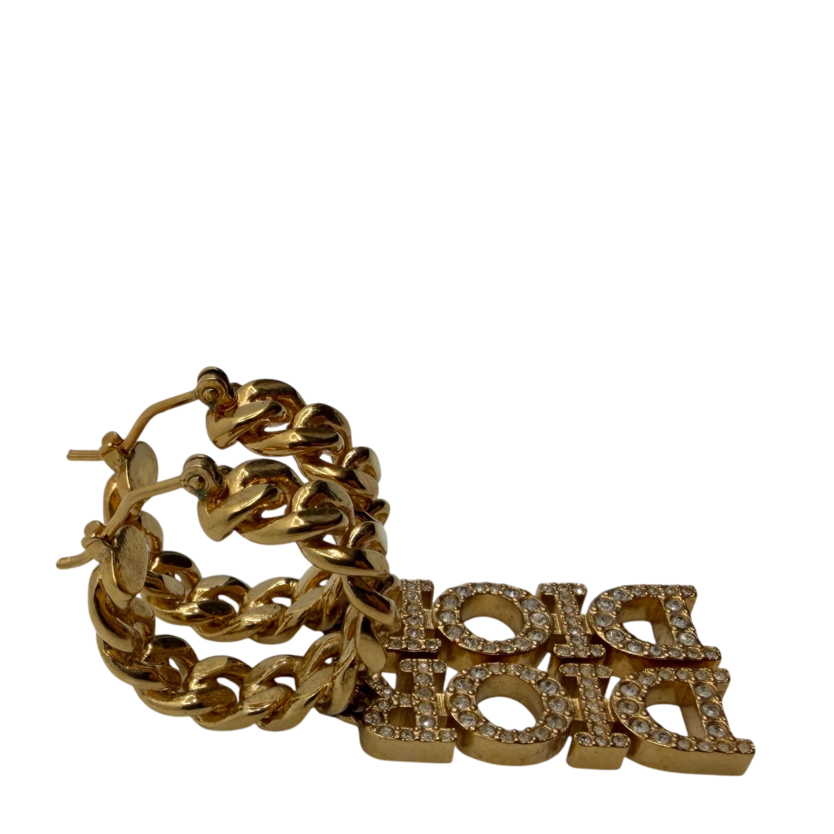 Dior Hoop Earrings Curb Chain with DIOR Pendant Crystals Gold Finish