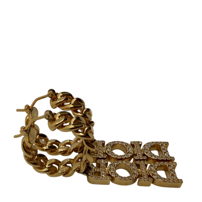 Dior Hoop Earrings Curb Chain with DIOR Pendant Crystals Gold Finish
