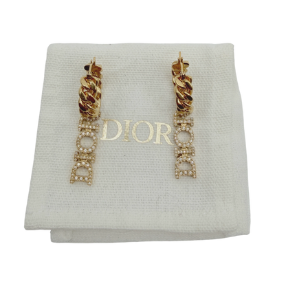 Dior Hoop Earrings Curb Chain with DIOR Pendant Crystals Gold Finish