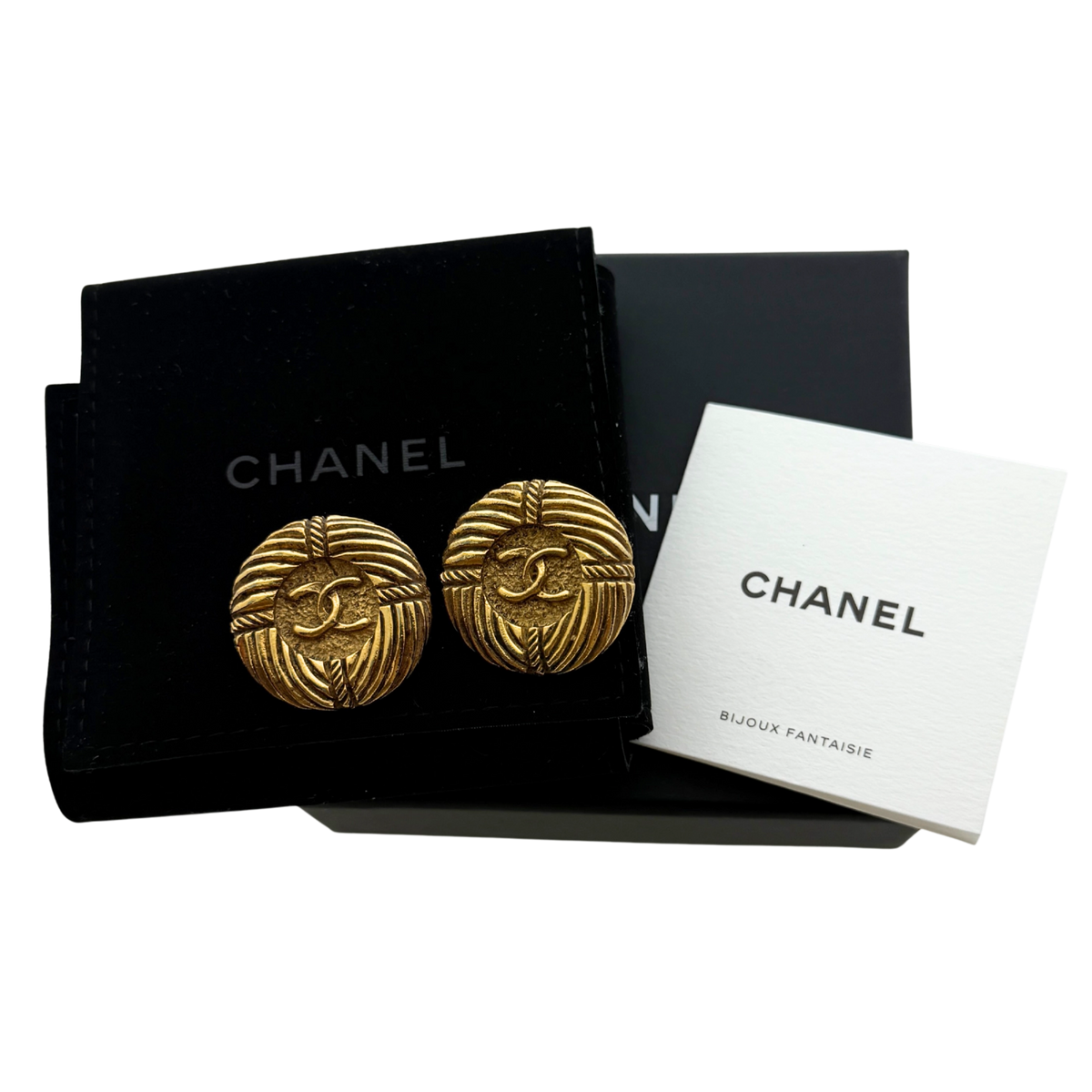 Chanel Ronde Clip-on Oorbellen met Koordpatroon Goud