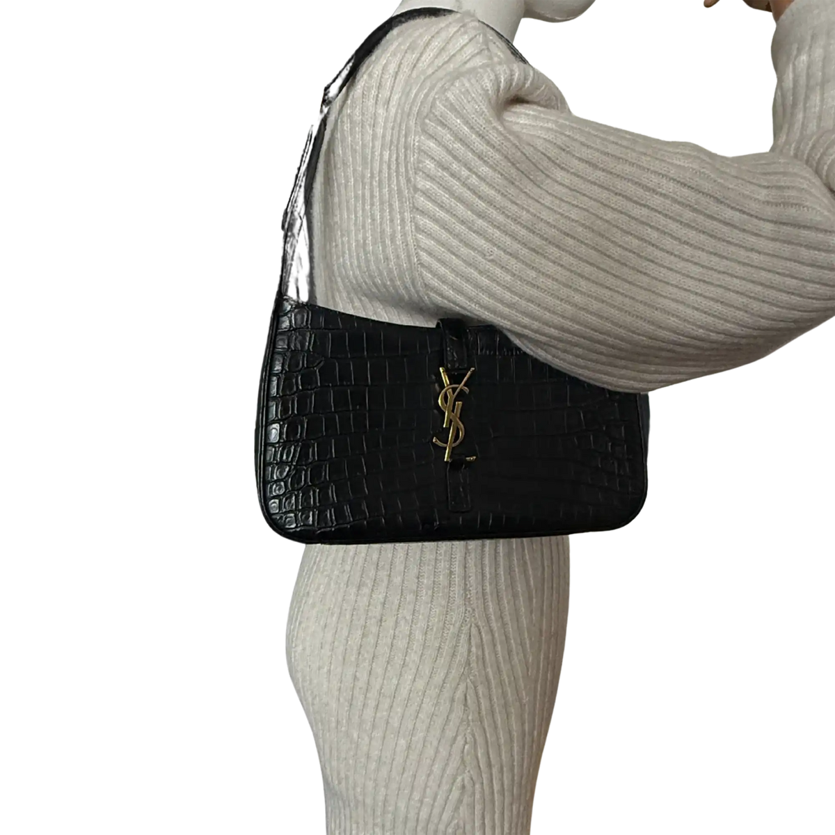 Saint Laurent LE 5 À 7 glänzendes Leder Krokodilprägung Schwarz / sehr gut Saint Laurent
